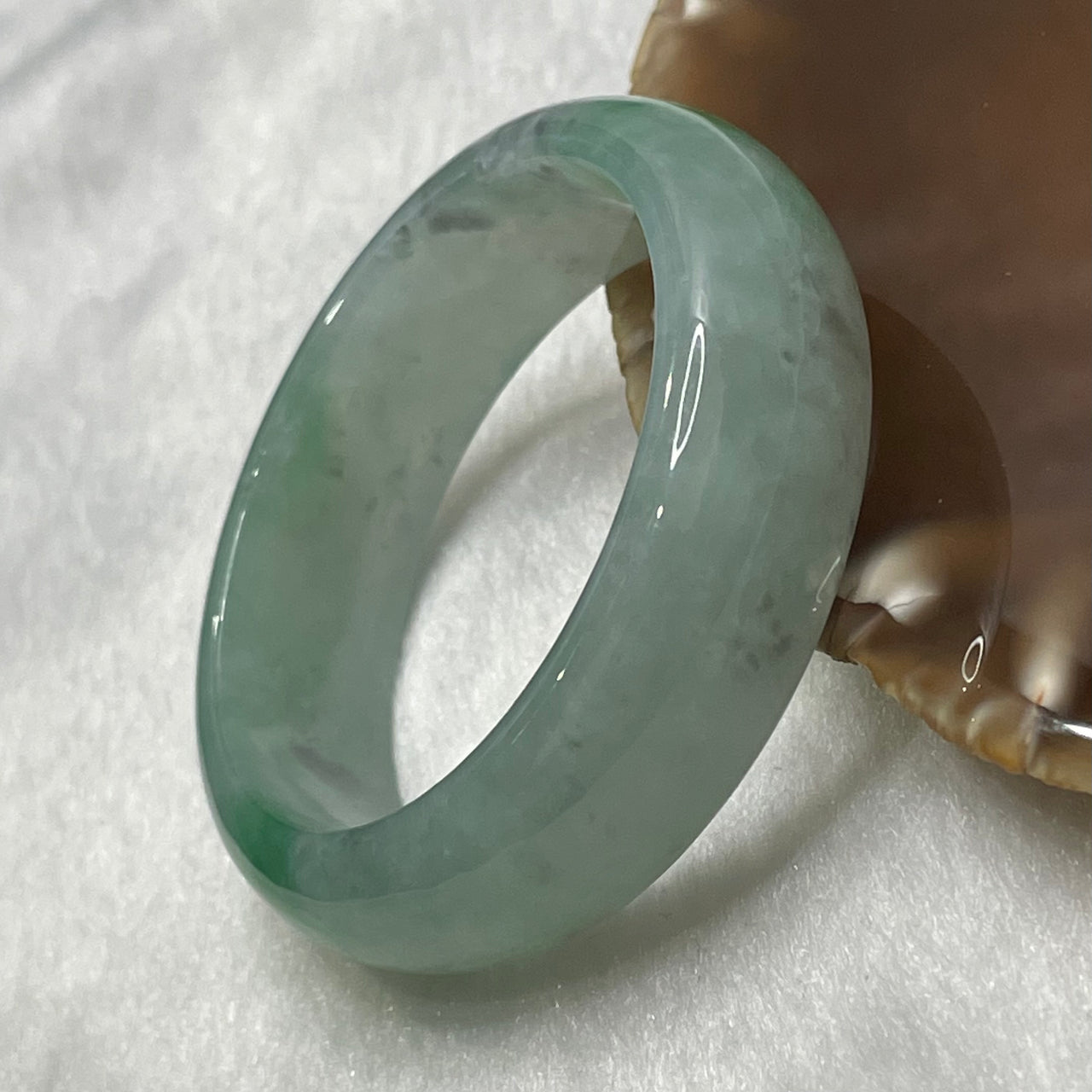 Type A Faint Green with Green & Grey Patches Jade Jadeite Bangle - 44.07g Inner Diameter 44.8mm Thickness 14.8 by 6.9mm - Huangs Jadeite and Jewelry Pte Ltd