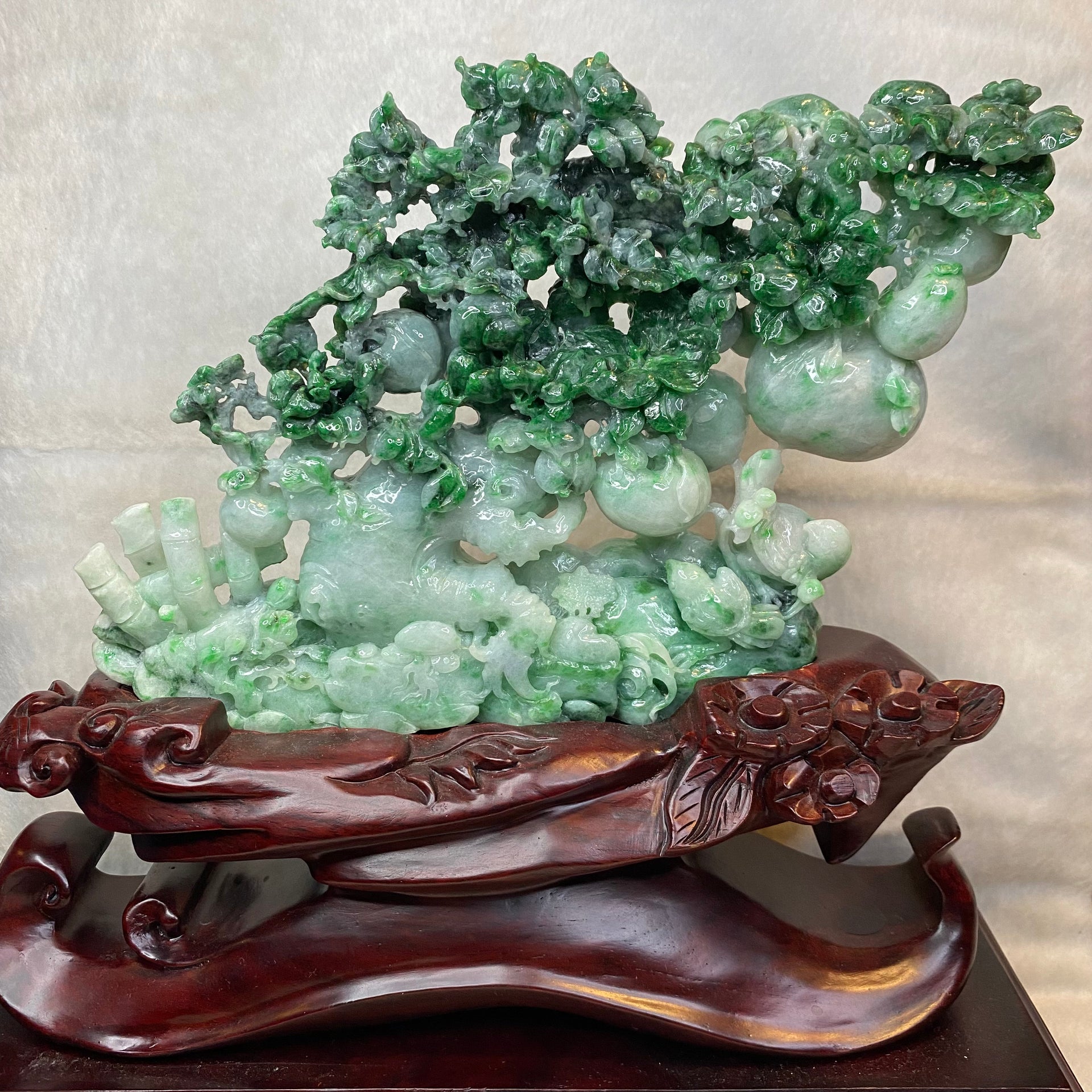 Type A 3 Green with Spicy Green Jadeite Hua Kai Fu Gui (prosperity & Happiness) Display 1260g 24.0 by 2.8 by 16.0cm with wooden stand 2935g 31.0 by 10.0 by 28.0cm - Huangs Jadeite and Jewelry Pte Ltd