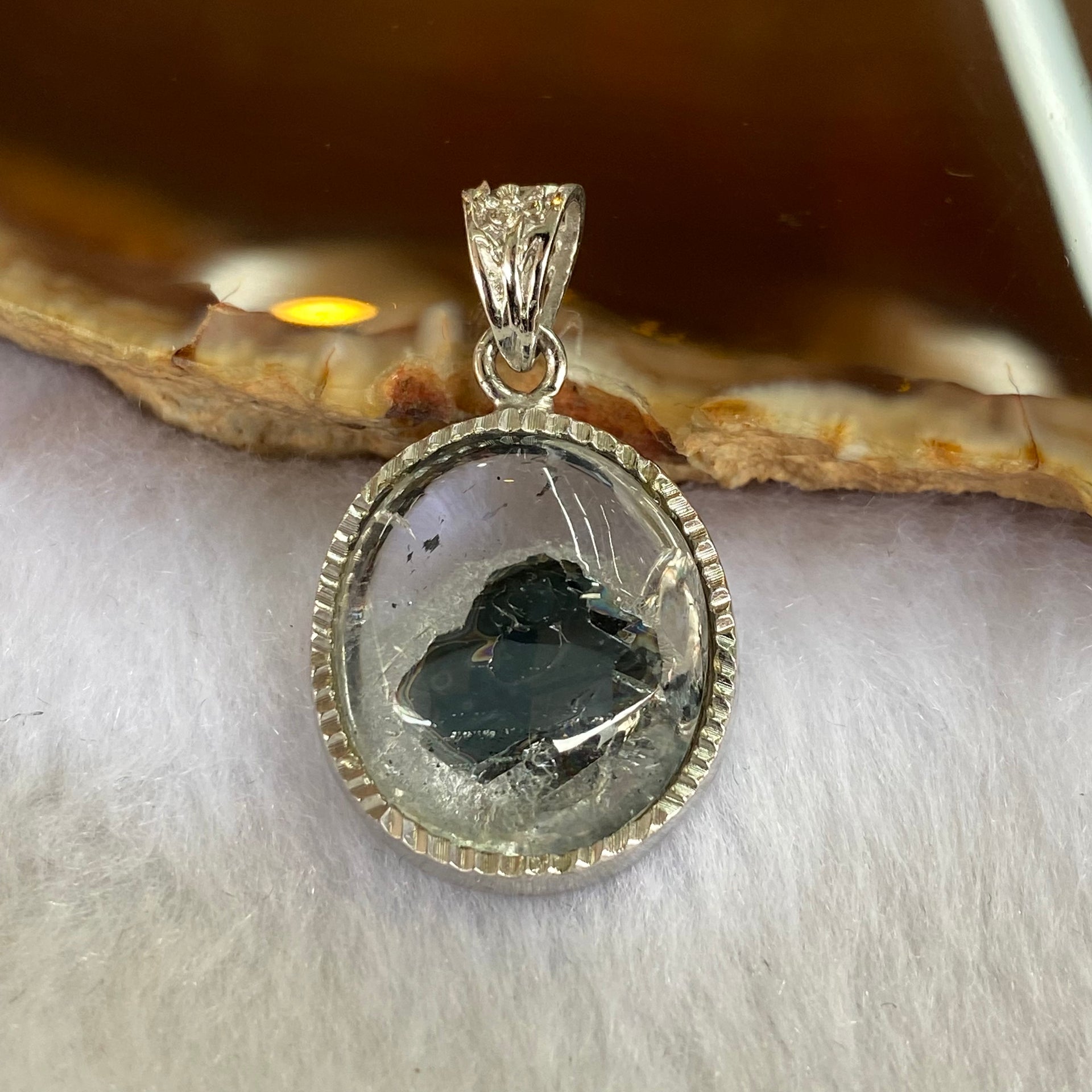 Rare Clear Quartz with Sapphire inside in 925 Silver Pendant 5.21g 30.1 by 18.0 by 8.2mm - Huangs Jadeite and Jewelry Pte Ltd