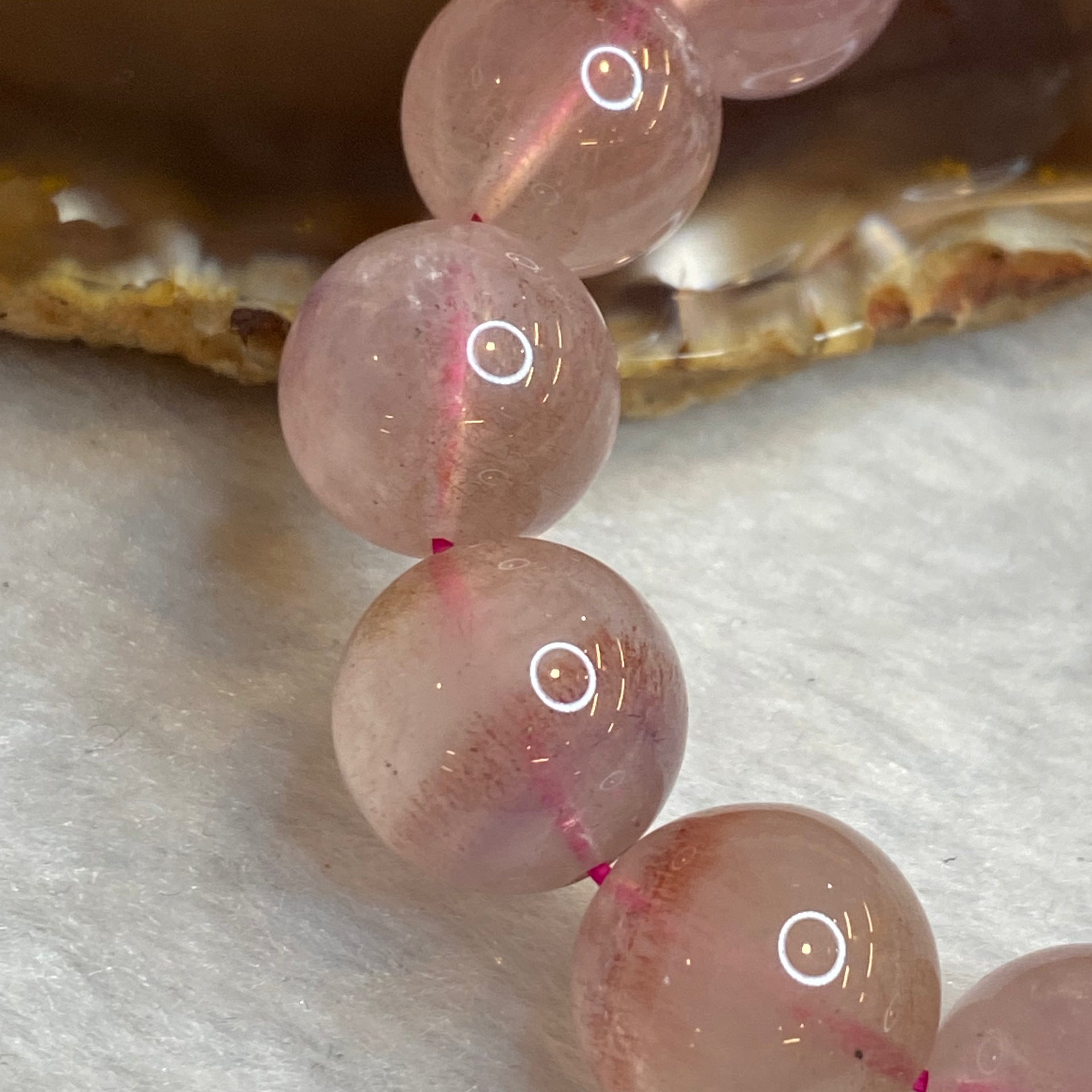 Natural Rutilated Rose Quartz 52.30g 13.6mm 15 Beads - Huangs Jadeite and Jewelry Pte Ltd