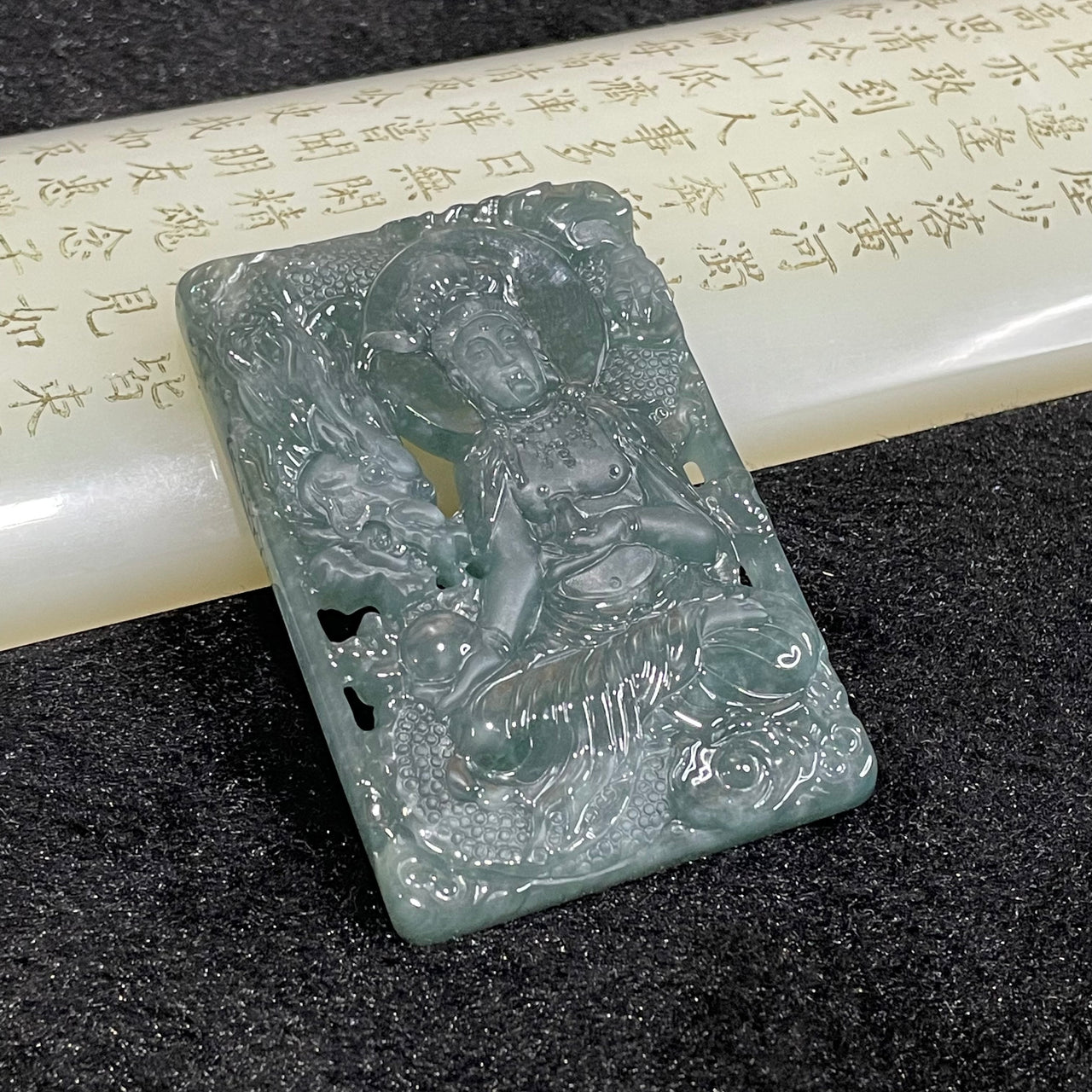 Type A Blueish Green Guan Yin & Dragon Jade Jadeite Pendant 59.38g 65.9 by 44.0 by 8.6mm - Huangs Jadeite and Jewelry Pte Ltd