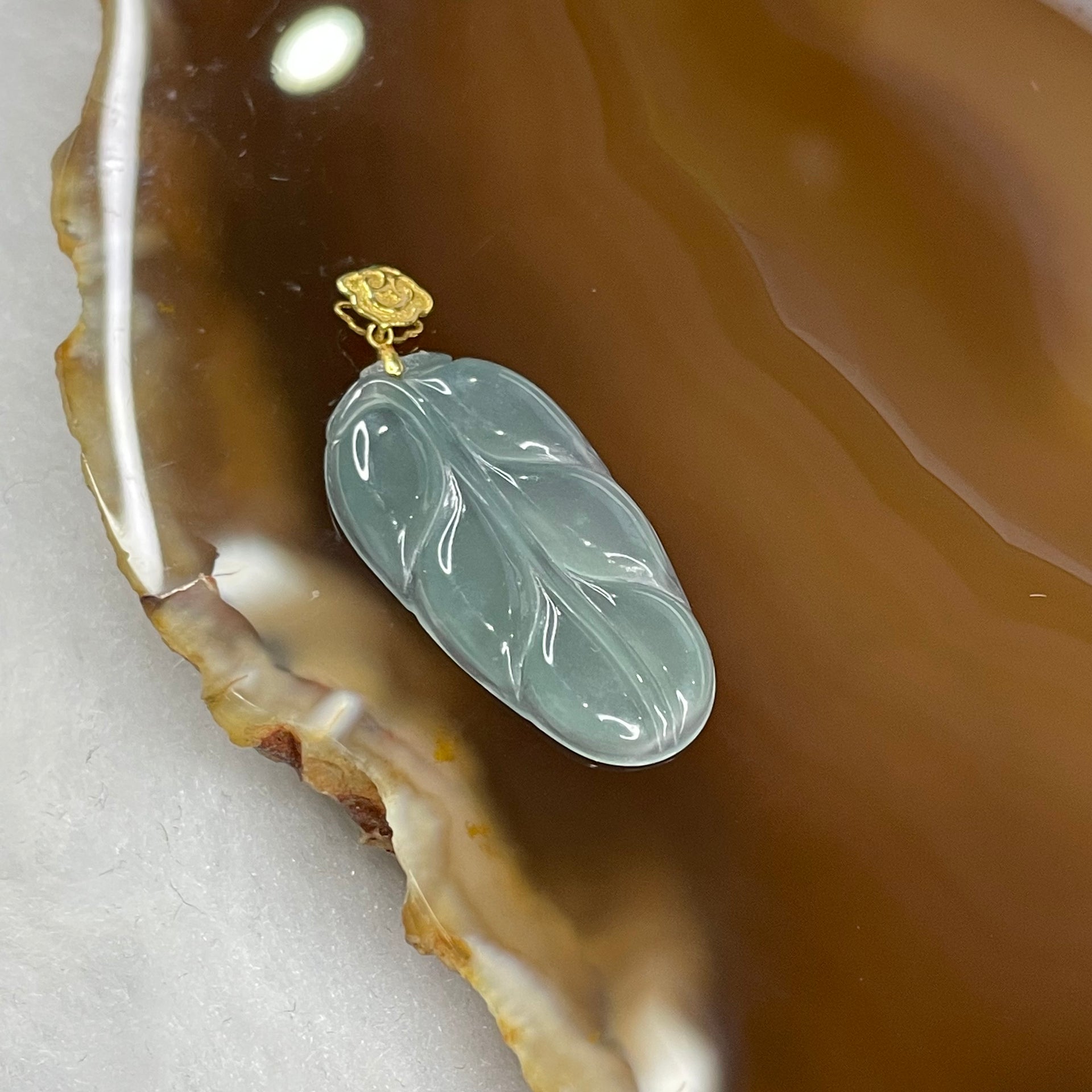 Type A Semi Icy Blueish Green Leaf Jade Jadeite Pendant with 18k Gold Clasp 1.74g 25.8 by 13.4 by 2.5mm - Huangs Jadeite and Jewelry Pte Ltd