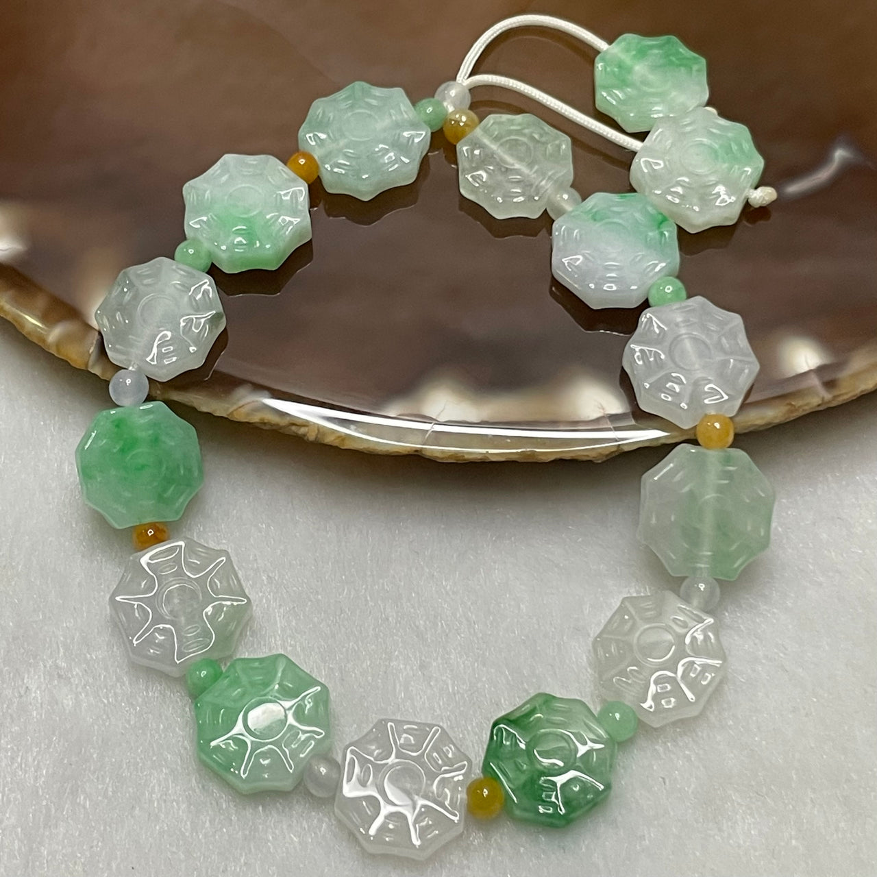 Type A Green & Yellow Jade Jadeite Bagua Bracelet 17.36g 11.4mm/piece 15 pieces 11.4 by 3.6mm - Huangs Jadeite and Jewelry Pte Ltd