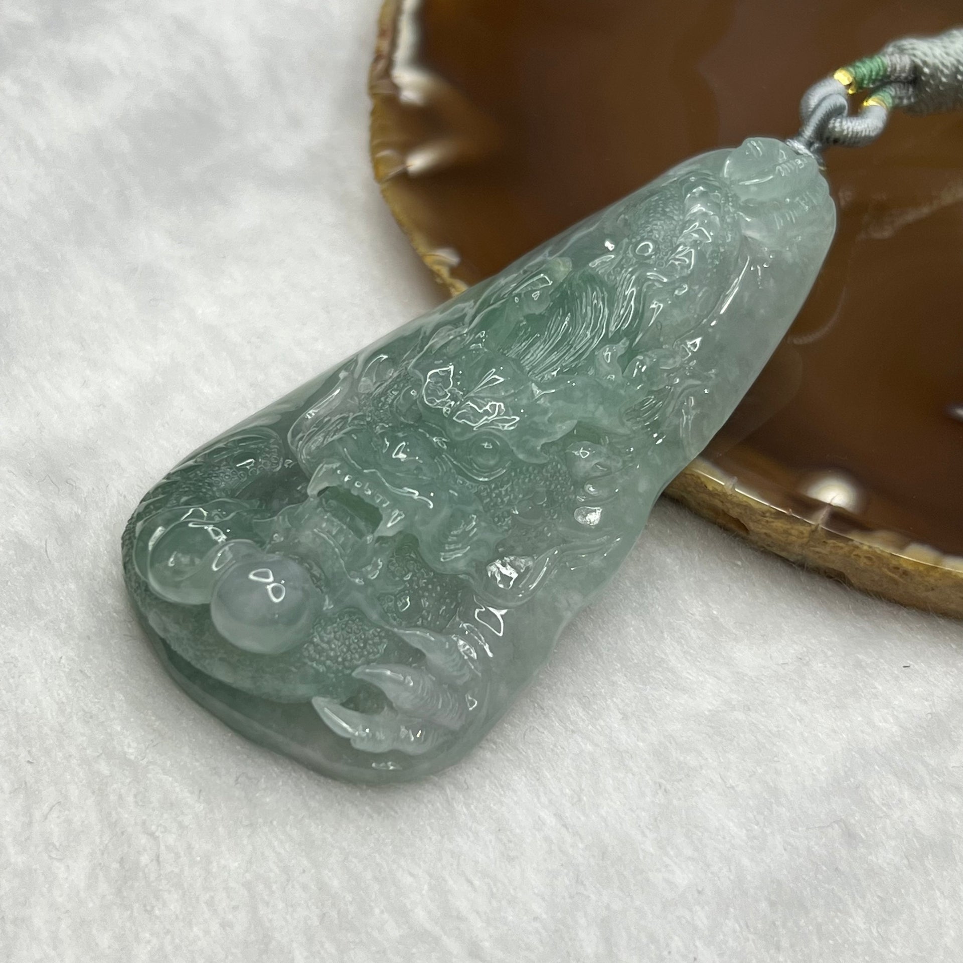 Type A Semi Icy Green and Lavender Jadeite Dragon Pendant 85.80g 83.1 by 44.1 by 19.9mm - Huangs Jadeite and Jewelry Pte Ltd