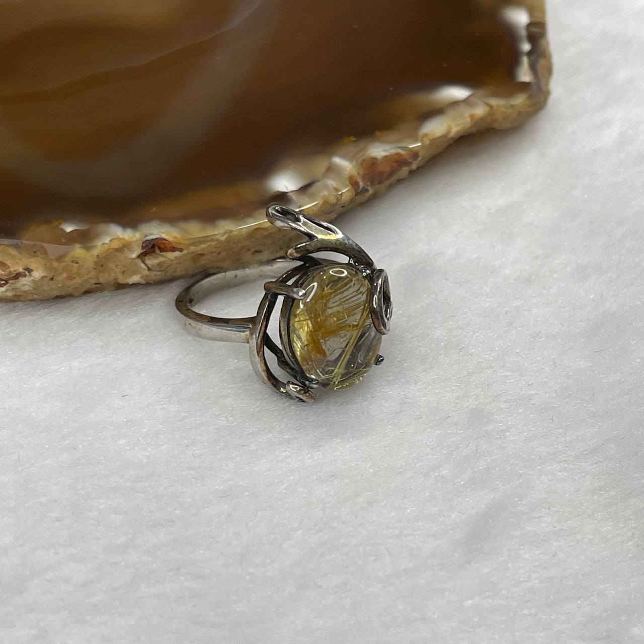 Natural Golden Rutilated Quartz 925 Silver Ring US 8.5 HK 18.75 5.43g 19.5 by 17.0 by 9.4mm - Huangs Jadeite and Jewelry Pte Ltd