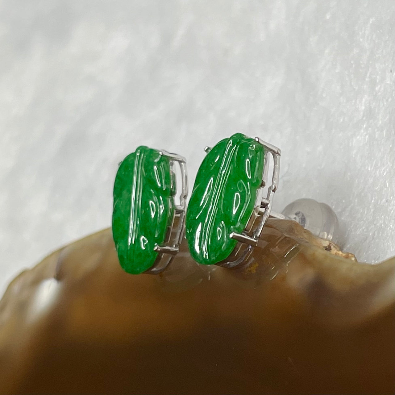 Type A Spicy Green Jade Jadeite Leaf Earrings 1.45g 11.0 by 7.9 by 3.3mm - Huangs Jadeite and Jewelry Pte Ltd