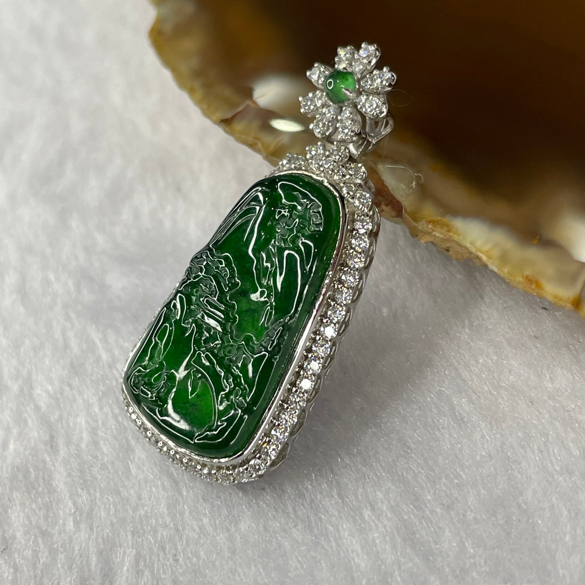 18K White Gold Type A Omphacite Blueish Green Jadeite Shan Shui with Diamonds and NGI Cert - 4.18g 22.96 by 13.06 - Huangs Jadeite and Jewelry Pte Ltd