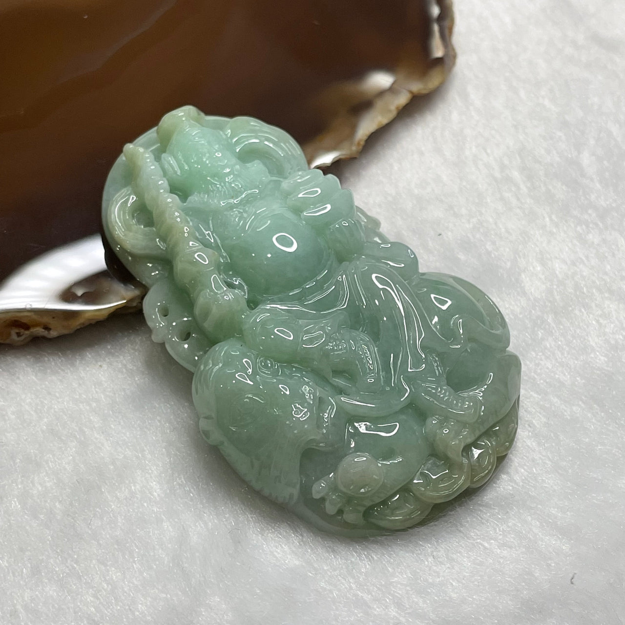 Type A Apple Green Military God of Wealth Sitting on a tiger with his ‘Vajra’ & ingots 赵公明财神 61.67g 66.5 by 42.8 by 12.8mm - Huangs Jadeite and Jewelry Pte Ltd