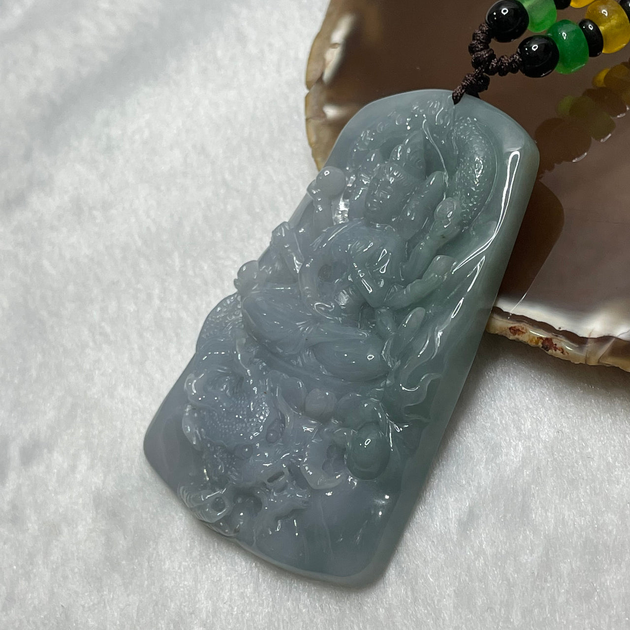 Type A Semi Icy Lavender & Green Jade Jadeite Thousand Hand Guan Yin & Dragon Necklace - 63.2g 72.0 by 48.9 by 8.5mm - Huangs Jadeite and Jewelry Pte Ltd