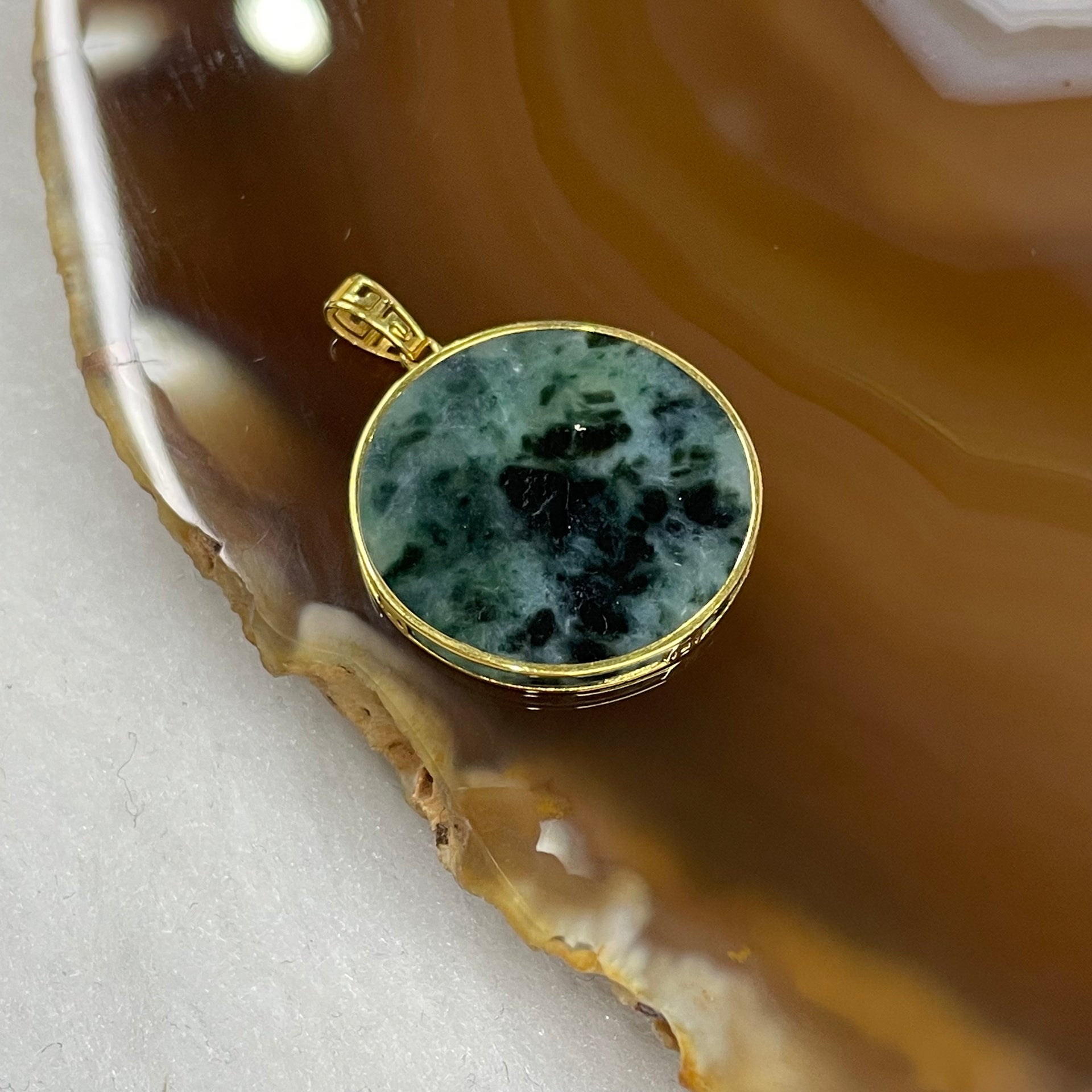 Type A Spicy Green Jadeite Wu Shi Pai Pendant with 18k Gold Setting - 2.00g 20 by 20 by 2mm - Huangs Jadeite and Jewelry Pte Ltd